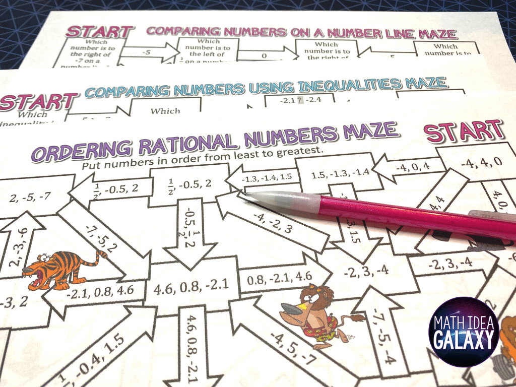 Comparing and ordering rational numbers mazes provide a great alternative to worksheets. Students love the challenge of reaching the finish line and get the practice they need. Read all 10 activity ideas for comparing and ordering rational numbers in this post.