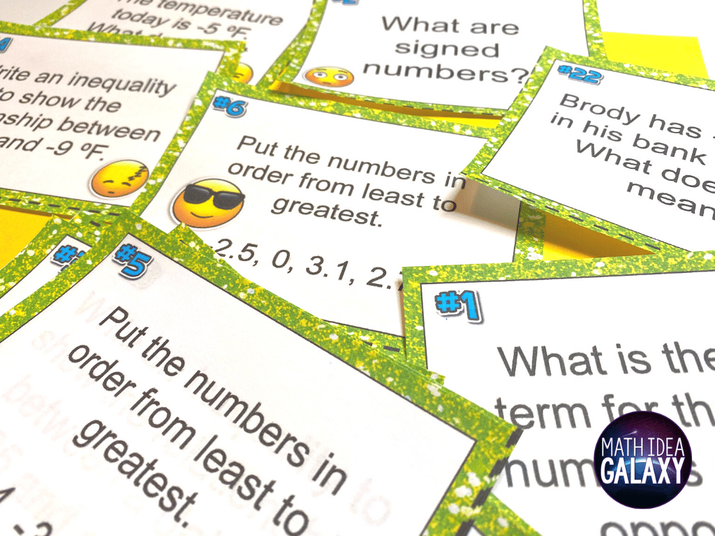 Comparing and ordering rational numbers practice is a cinch with task cards. Great for partner practice, whole class review games, and more, these help students stay engaged while practicing. Read the post for all 10 ways to review comparing and ordering rational numbers.