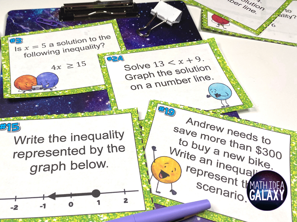 Writing, solving and graphing inequalities task cards are the versatile tool you need to help students master working with inequalities. Check out all 10 low-prep, high-engagement ways to get your students writing, graphing, and solving one step inequalites in this post!