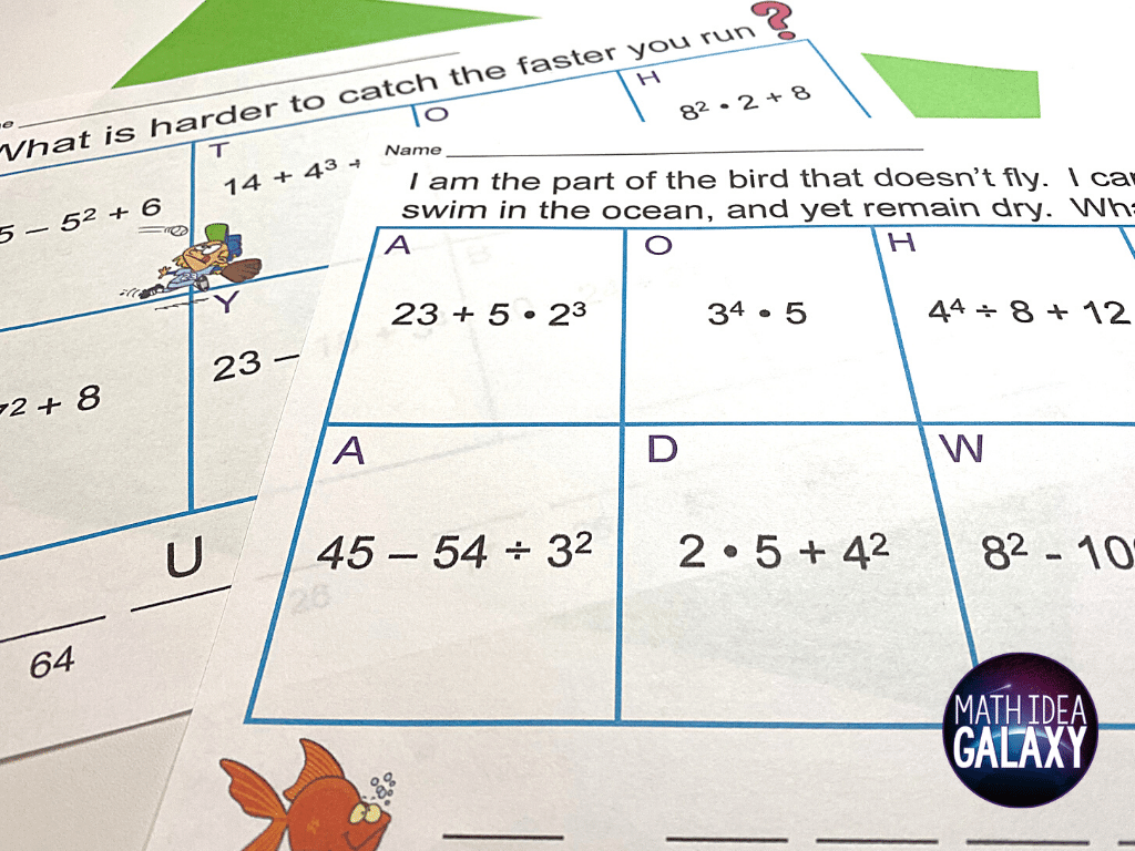 The order of operations with exponents riddle helps students get practice with exponents and expressions. Read more about all 10 time-saving, engaging exponents & exponents activities in this post!