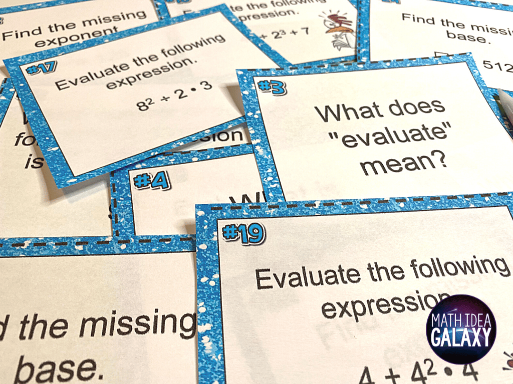 Exponents and expressions task cards are such versatile tool to have in your 6th grade math teacher toolbelt! Use for partner practice, small group or whole group activities, individual review, and more. This resource is just one way in this article to get students the practice they need with exponents and expression.